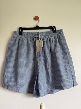 NWT Hester & Orchard Linen Blend Blue Pinstripe Drawstring Shorts
